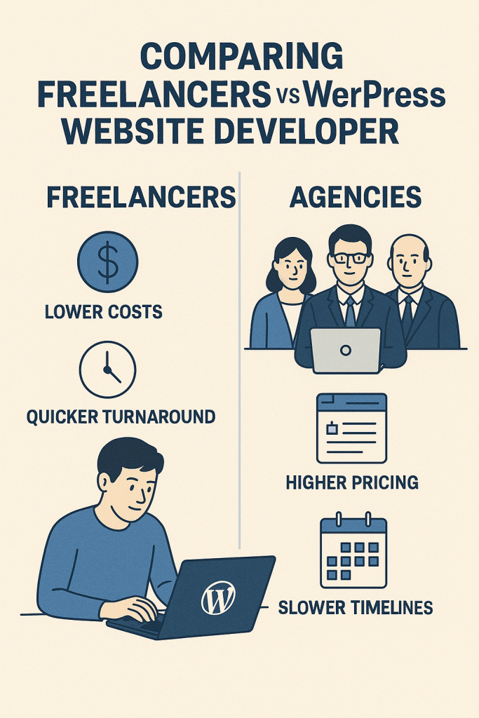 Comparison infographic showing the differences between freelance WordPress website developers and WordPress website design agencies.
