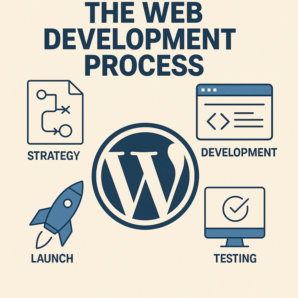 Infographic showing the web development process including strategy, development, testing, and launch with a central WordPress icon.
