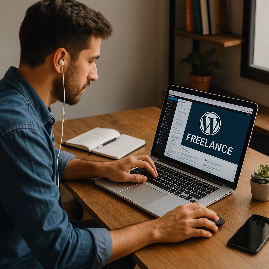 A freelance web developer focused on WordPress freelancing projects on his laptop in a modern home office.