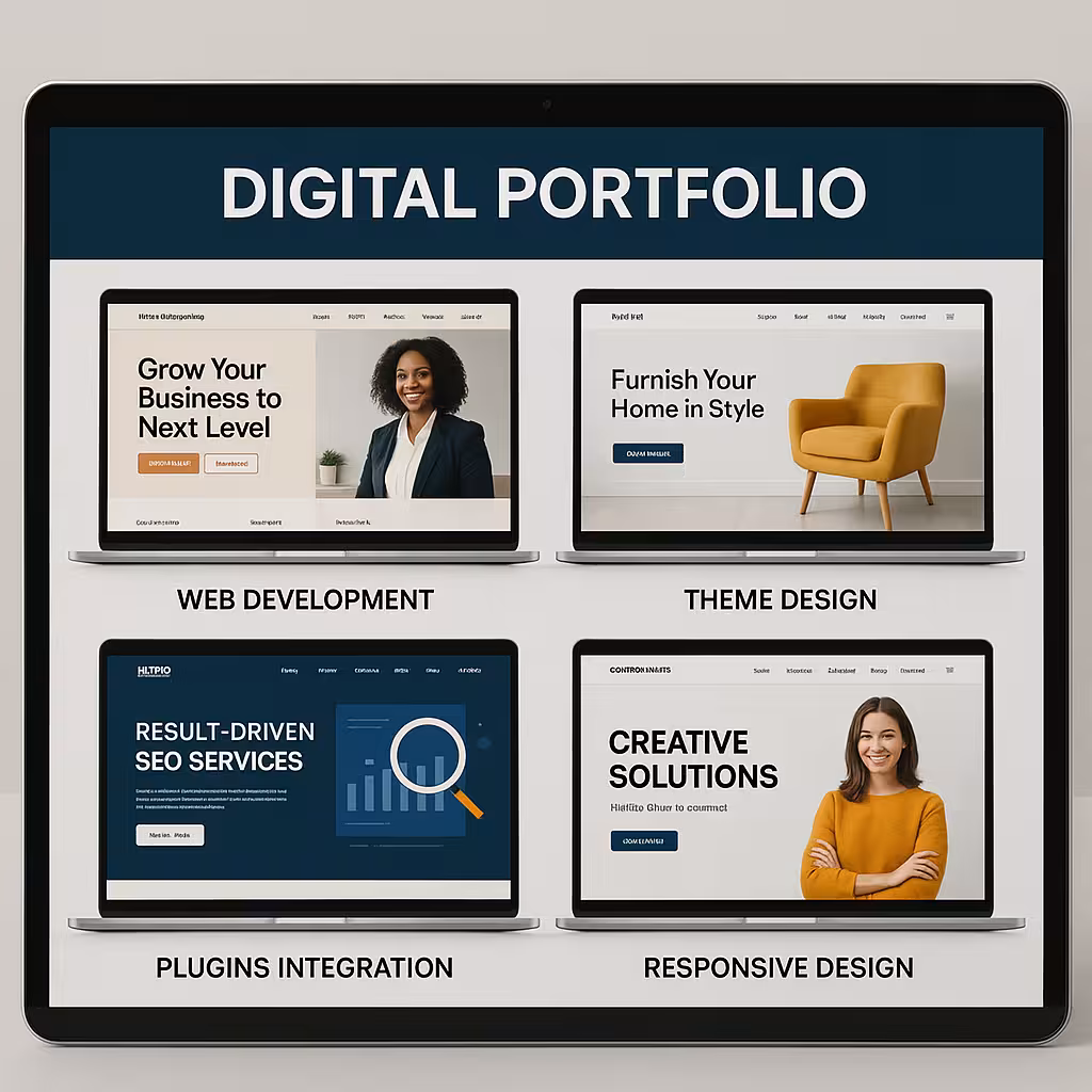 A digital portfolio featuring multiple WordPress freelancing projects including website customization, responsive design, and SEO services.
