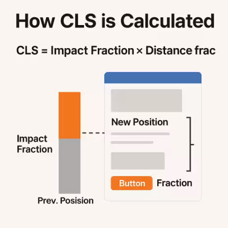 Diagram explaining how Cumulative Layout Shift (CLS) is calculated using impact fraction and distance fraction.