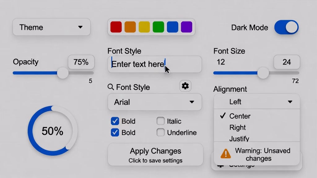 User interface showing sliders, font settings, color options, and layout controls demonstrating Customization and Design Flexibility in a design tool.