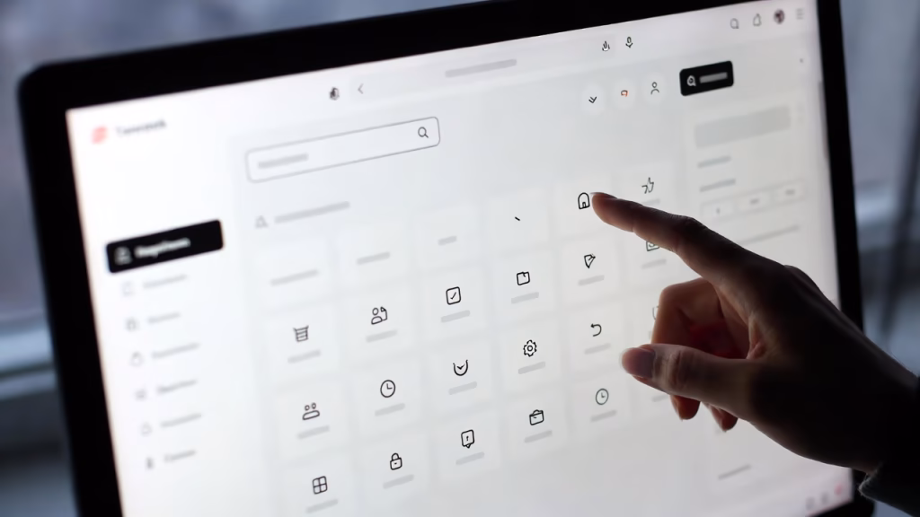 Person interacting with a modern digital interface on a screen, illustrating Enhancing User Experience through intuitive design and navigation.