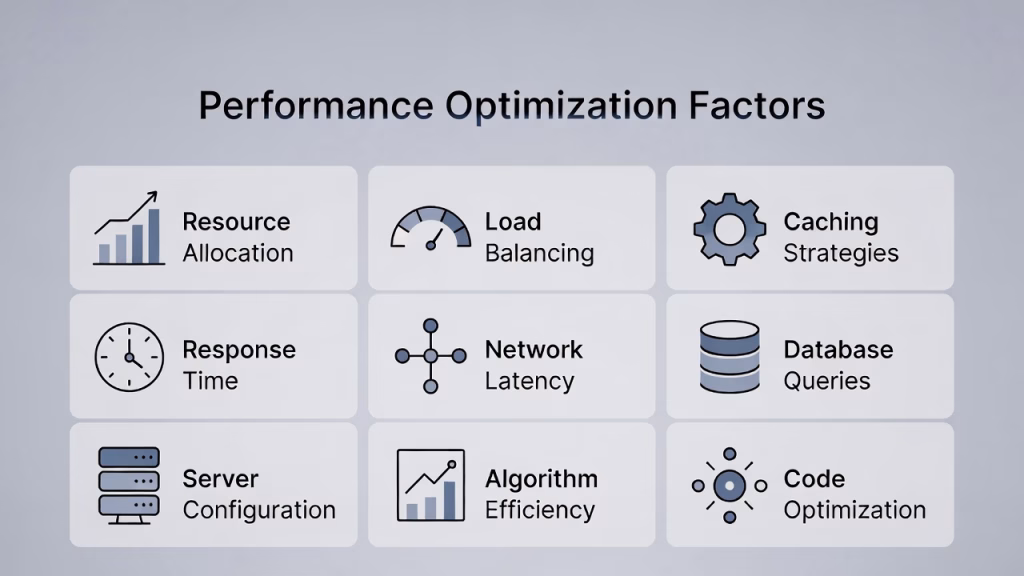 Infographic illustrating Performance Optimization Factors such as load balancing, caching strategies, response time, and code optimization.