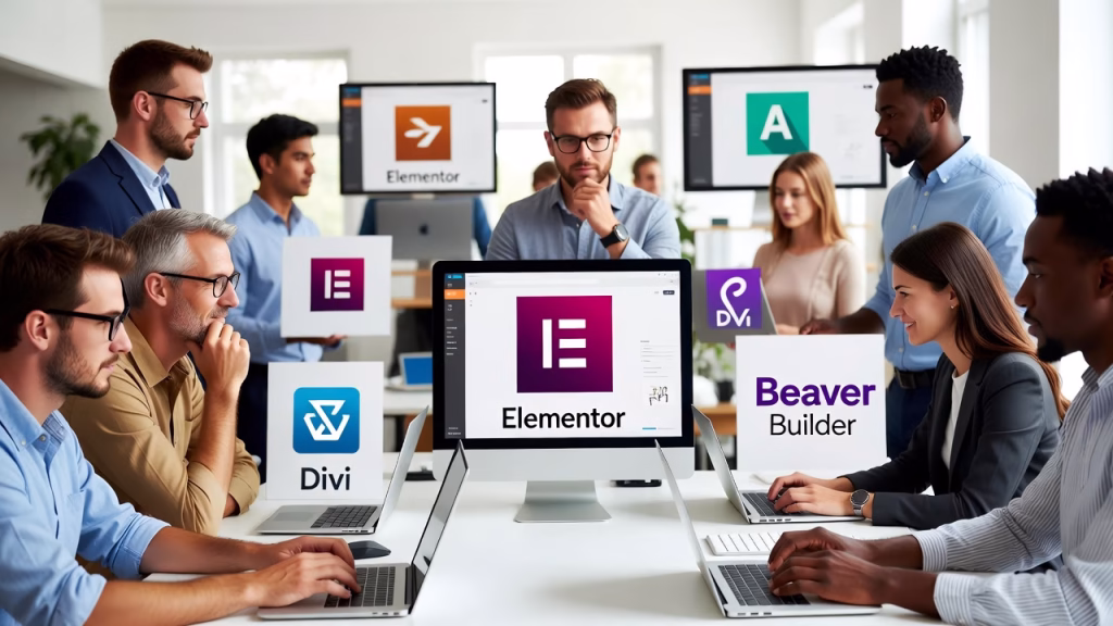 Team collaborating around computers displaying Elementor, Divi, and Beaver Builder interfaces, illustrating Types of Page Builders in WordPress.