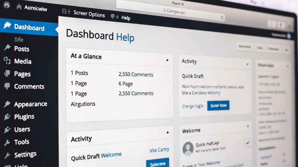 Close-up of WordPress admin panel interface showing menus and widgets while Understanding the WordPress Dashboard and managing website content.