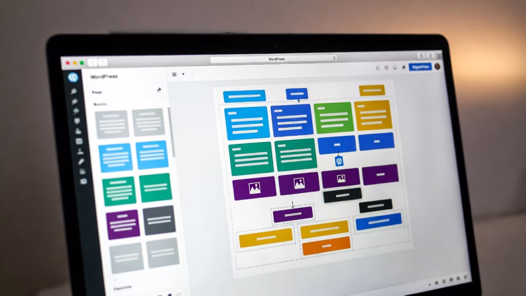 displaying a drag-and-drop editor interface for building websites, illustrating What is a WordPress Website Builder? with customizable layouts and design tools.