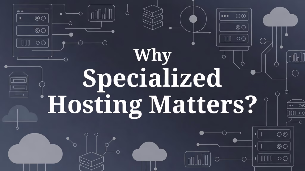Illustration with servers, cloud icons, and data connections explaining Why Specialized Hosting Matters? for website performance and reliability.
