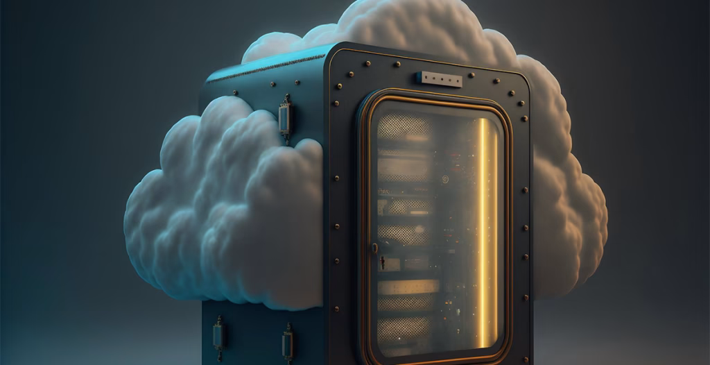 Modern server surrounded by clouds representing secure and scalable WordPress hosting infrastructure.