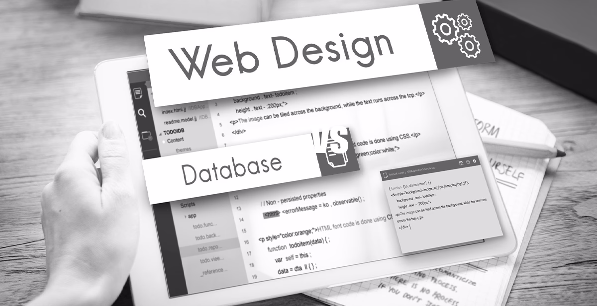 WordPress Web design and database elements, representing a WordPress Website Builder with coding, layout design, and content structure.
