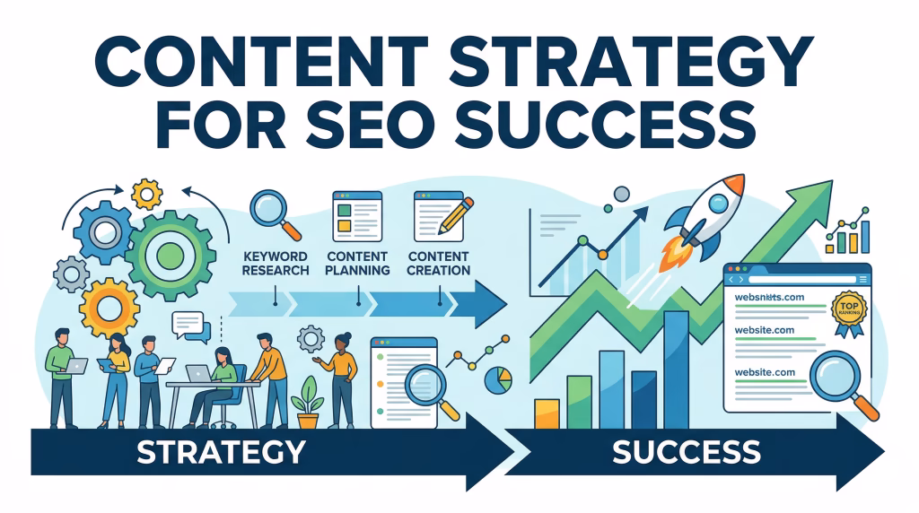 Illustration of Content Strategy for SEO Success showing keyword research, content planning, and content creation leading to website growth and higher rankings.